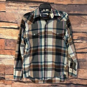 Wrangler Men's 15 - 34 Western Pearl Snap Plaid Shirt Long Sleeve Brown Blue